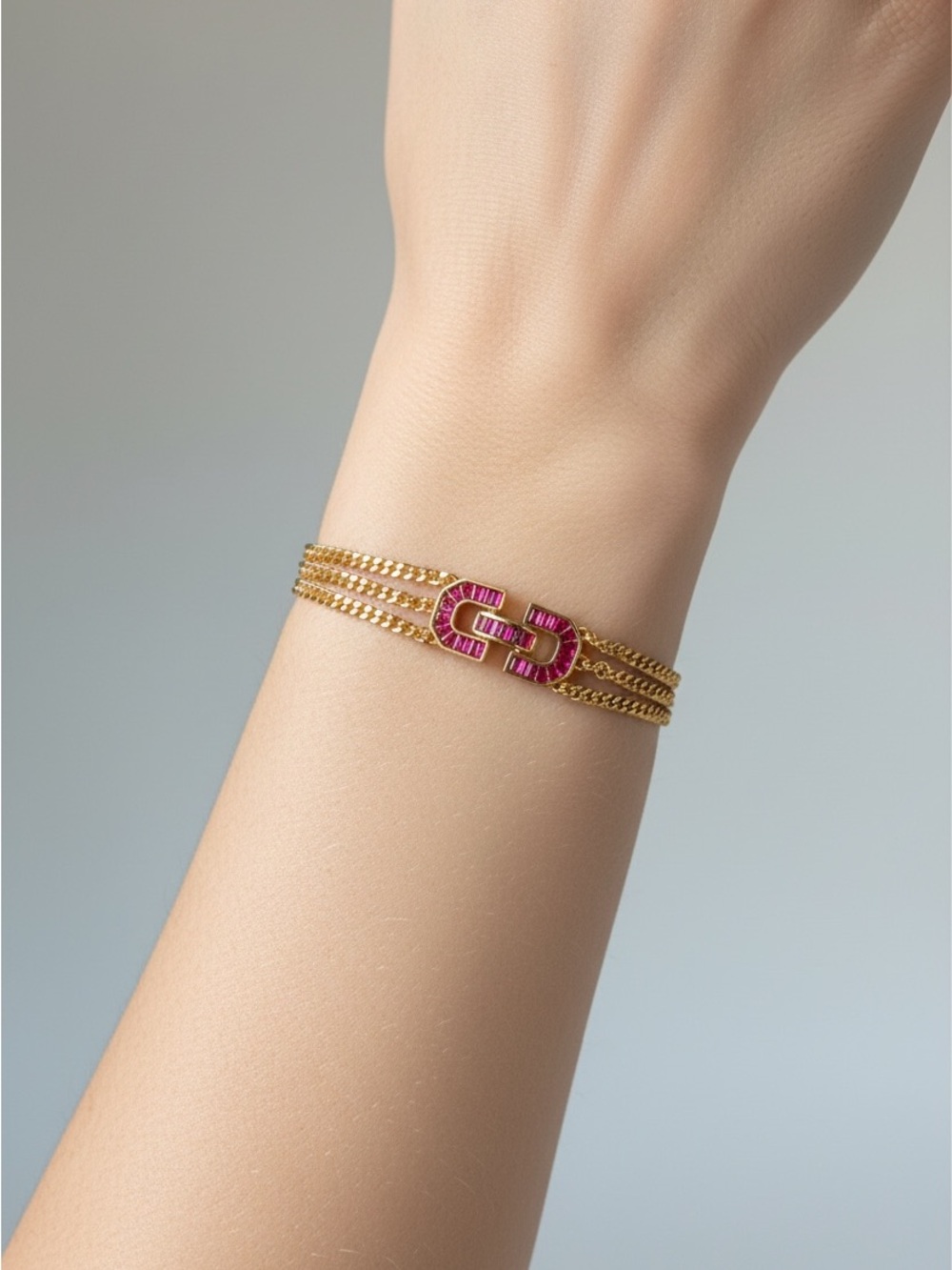 10/16 Gold Chain Bracelet with Pink Gem Link